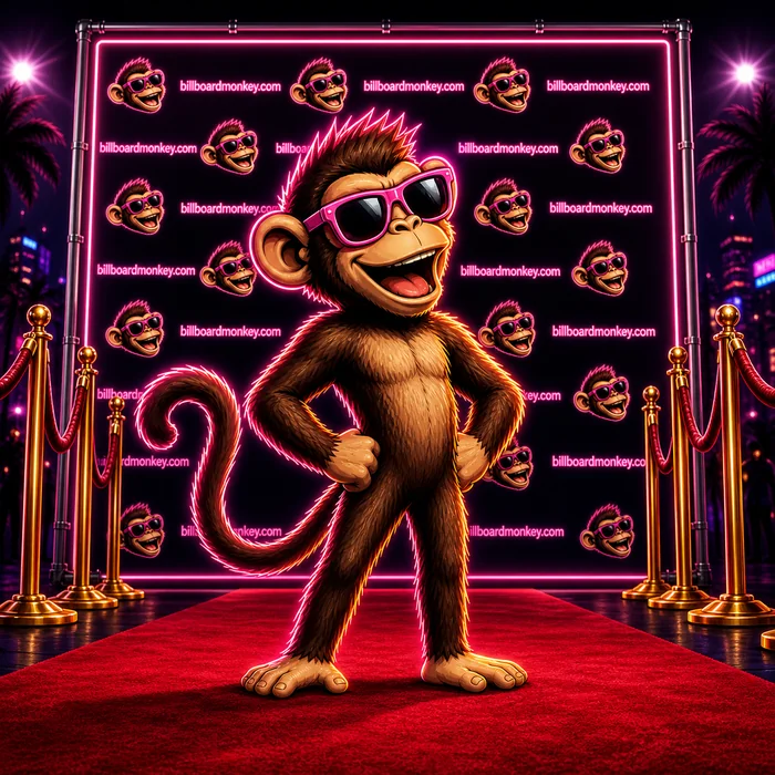 Billboard Monkey mascot posing on a red carpet in front of a custom step-and-repeat backdrop banner