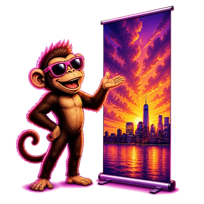 Billboard Monkey mascot next to a retractable banner stand with a city skyline design