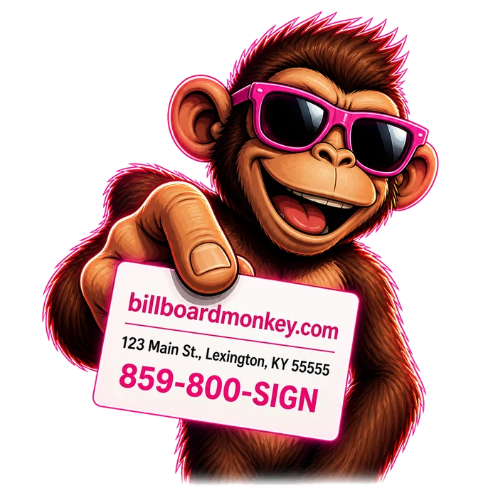 Billboard Monkey mascot holding a custom-printed business card