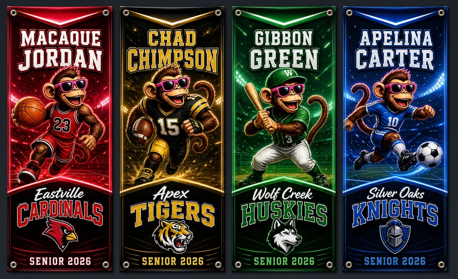 Four custom sports player banners for basketball, football, baseball, and soccer athletes with name, number, and team logo