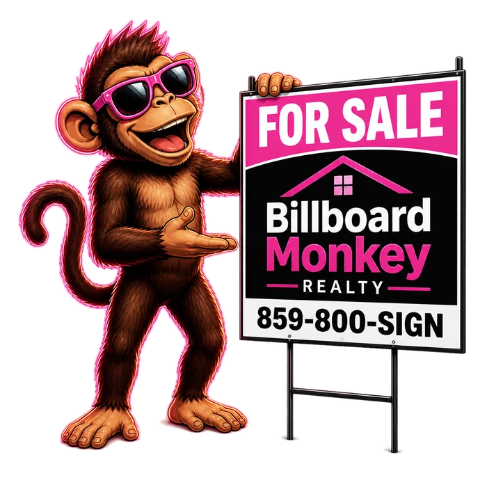 Billboard Monkey mascot holding a metal realtor For Sale yard sign