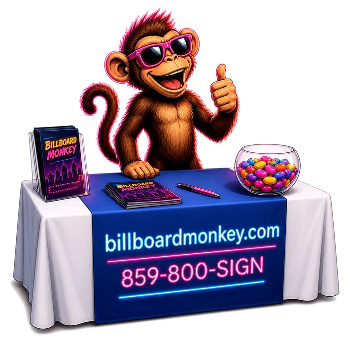 Billboard Monkey mascot at a trade show table with a custom-printed table runner