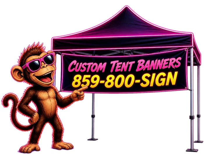 Billboard Monkey mascot next to a custom-printed pop-up tent banner