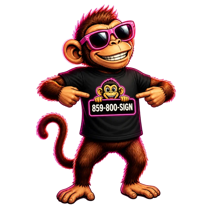 Billboard Monkey mascot wearing a custom-printed T-shirt