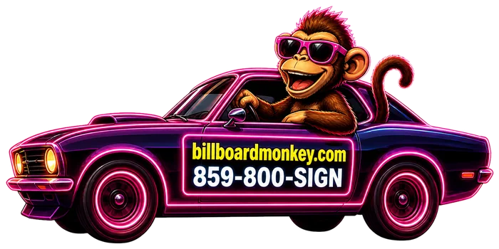 Billboard Monkey mascot driving a car with a custom vehicle door magnet