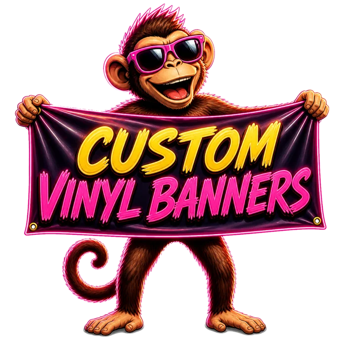 Billboard Monkey mascot holding a full-color custom vinyl banner