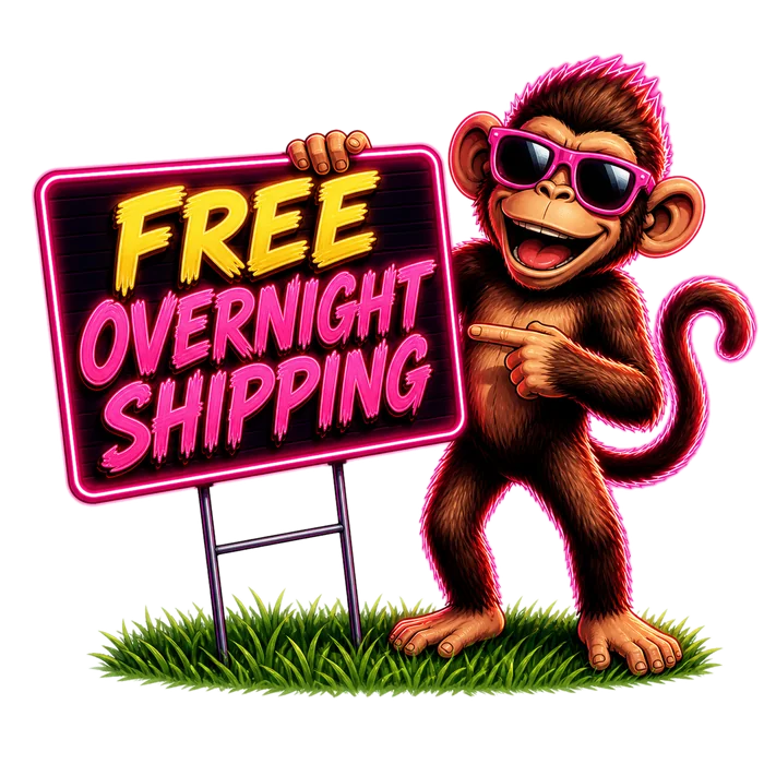Billboard Monkey mascot pointing at a yard sign advertising free overnight shipping
